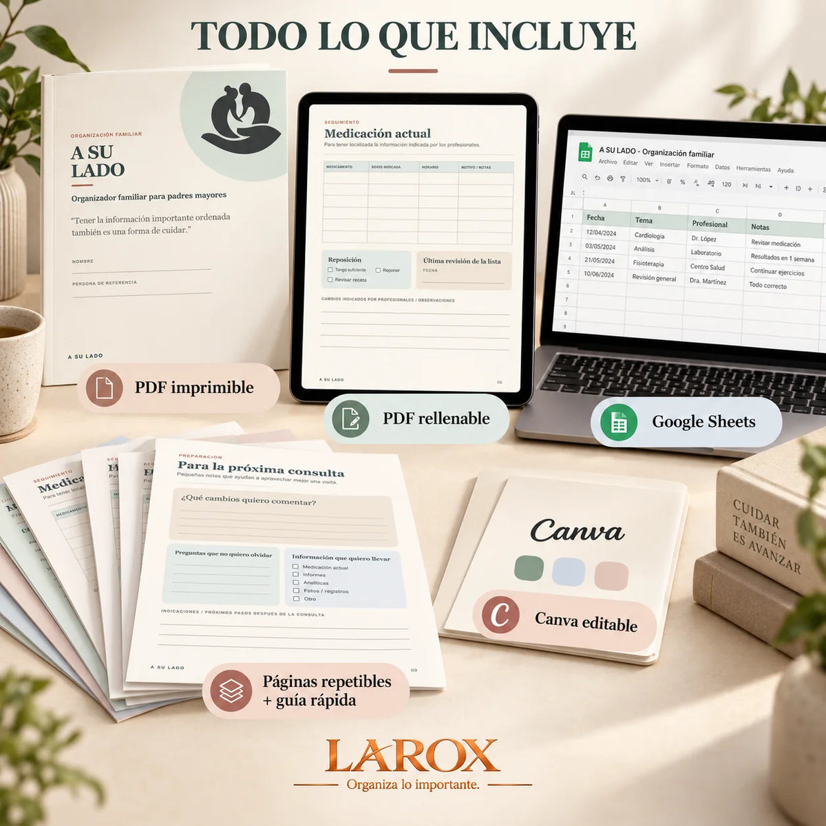 Contenido incluido en A SU LADO: PDF, Google Sheets, Canva y guía